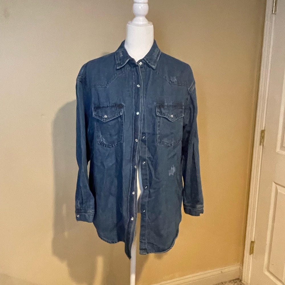Risen oversized lightly distressed denim shirt - size small